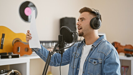 Hispanic man singing in music studio with microphone and headphones