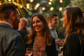 Fototapeta premium A group of people at an event, socializing and exchanging ideas with each other in the background
