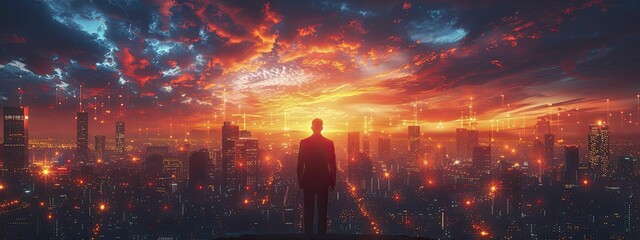 Fototapeta premium Inspirational Corporate Team at Night, Leader Cheering, City Lights and Rising Arrows