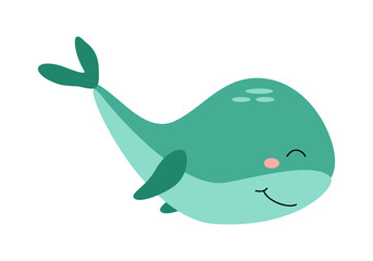 Cute funny green whale character, sea animal. Vector cartoon illustration for stickers, children's books, products, room decoration. © Iuliia Koroleva