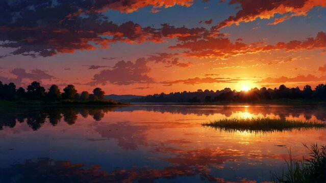 A beautiful animation of a colorful sunset at Lake Davis, in summer.  Seamless looping 4k time-lapse animation video background
