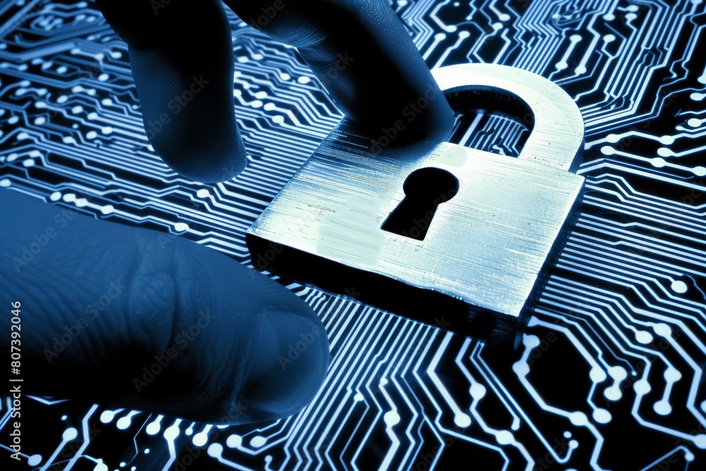 Poster digital barriers and high tech security systems manage cyber threats, using malware locks and cyber 