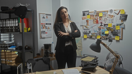 A professional woman stands arms crossed in a detective's office, surrounded by evidence board,...