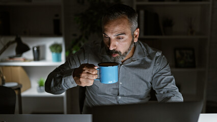 Handsome mature hispanic man with beard and grey hair sipping coffee in a dark office room at night.