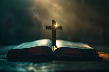 A cross is placed on an open Bible, with light shining from the top of it, creating an atmosphere full of hope and spiritual inspiration Generative AI