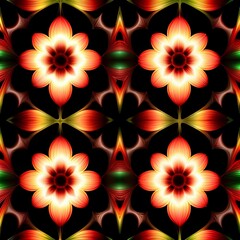 A black background with pink flowers arranged in a seamless pattern. - obrazy, fototapety, plakaty