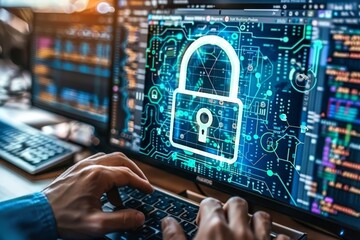 Fototapeta premium Secure infrastructure employs symbolic cyber policy tools in web environments, integrating lock prevention systems for enhanced security and crime management.