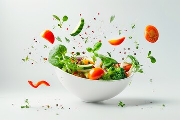 Flying vegetable salad ingredients over transparent and white bowl. Vitamins and healthy eating concept. High quality photo - obrazy, fototapety, plakaty
