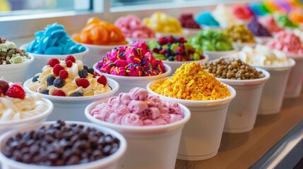 dessert bar display, a variety of vibrant toppings scattered on the counter adding color and excitement to your frozen yogurt treat