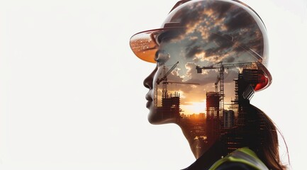 Empowering Vision: Double Exposure Portrait of a Female Engineer Overlooking a Construction Site