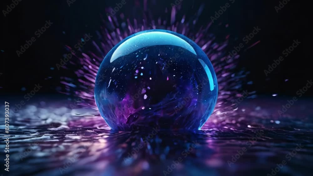 Poster abstract purple energy round sphere glowing with particle waves hi-tech digital magic abstract backg