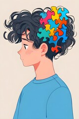 Flat lay view of a man in blue sweatshirt taking puzzle pieces out of curly hair. Fun chaos. Man solving puzzle. Illustration. Generative AI