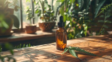 promote natural hemp extract with a cbd oil bottle and dropper on a wooden table, showcasing organic and pure ingredients