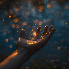 Hand reaching out to touch a star with blurry bokeh background. - obrazy, fototapety, plakaty
