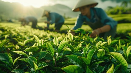 tea harvesting, at the tea plantation, skilled workers delicately pick tea leaves, a precise and rhythmic task that ensures a flavorful cup of tea with every leaf chosen