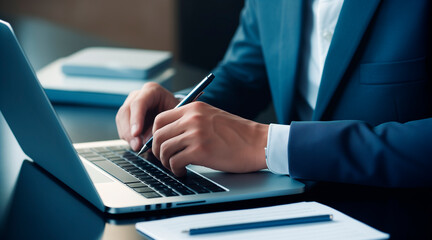 Business performance checklist, businessman using laptop doing online checklist survey, filling out digital form checklist, take an assessment, questionnaire, evaluation, online survey, online exam