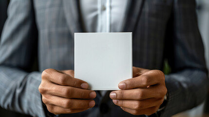 professional businessman in suit holding a blank white card - obrazy, fototapety, plakaty