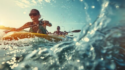 A couple of individuals are seen paddling on top of a kayak in the water.