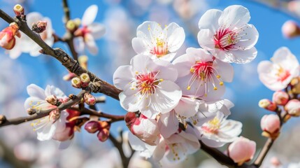 Close-up of white and pink cherry flowers with blue sky, symbolizing hope, tenderness and awakening of springtime nature.