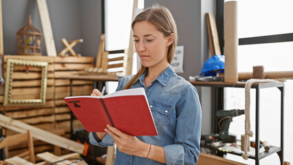 A focused caucasian woman in denim takes notes at her bustling carpentry workshop.