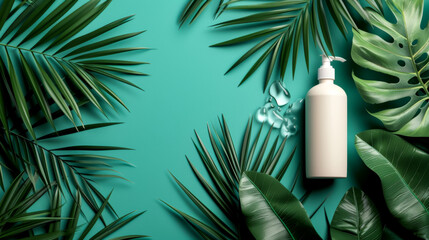 A bottle of lotion is placed on a green background with leaves - obrazy, fototapety, plakaty
