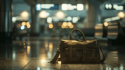 Leather travel bag placed on the floor of a modern airport terminal with a blurred background, evoking themes of travel, adventure, and journey.
