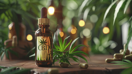 close-up of cbd oil in a glass bottle with a cannabis plant on the label, highlighting natural wellness and treatment effects - obrazy, fototapety, plakaty
