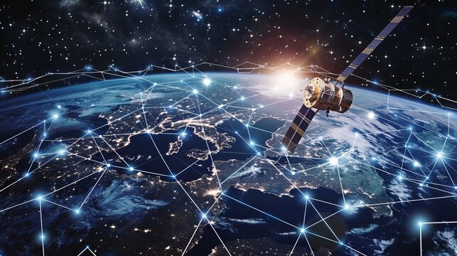 A satellite in orbit around earth, connected to multiple other satelites with lines and dots, showing the global network of space technology