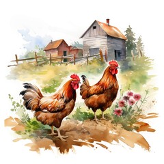 Chickens. Farming chickens. Farmyard birds clipart. Watercolor illustration. Generative AI. Detailed illustration.