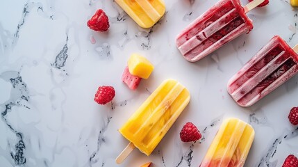 A colorful rectangle of natural foods art, featuring a dish of popsicles made with strawberries and...