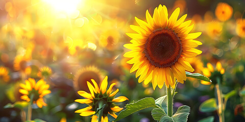 Fototapeta premium Sunflower on a blurred summer nature background, elegant floral background for greeting card for birthday, father's day, mother's day