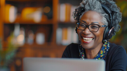 Happy middle aged mature african american woman laughing on video call with colleagues. Smiling senior black woman working remotely  on laptop with headphones. Elderly ethnic lady using Chat GPT AI - Powered by Adobe