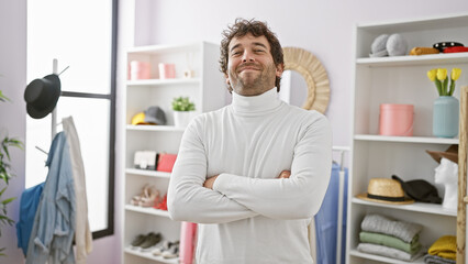 Handsome young hispanic man with arms crossed standing in a modern fashion dressing room