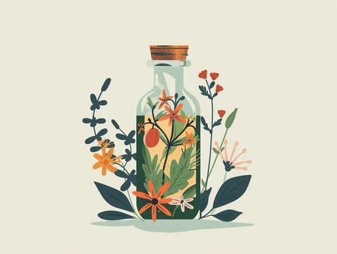 A beautiful illustration of a bottle filled with colorful flowers and plants