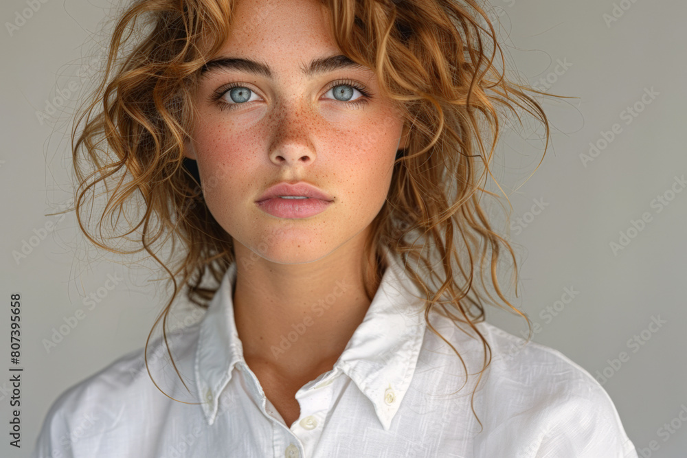 Wall mural Close-up portrait of a young beautiful caucasian woman with curly hair against blank grey background