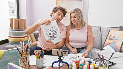Mother and son sitting together in art studio, sharing a loving moment showing their draw on video call