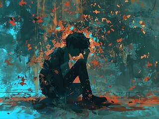 A young man sits alone in a dark room. He is surrounded by colorful, abstract shapes. The man is wearing a backpack and his hands are covering his face. He looks very sad.