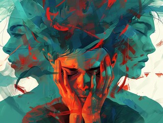A painting of a person with their hands on their head, looking down with a pained expression on their face. The background is a dark, swirling vortex of red, blue, and green.