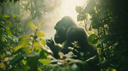 A silverback mountain gorilla in a rainforest in Rwanda