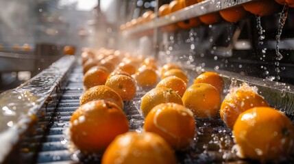 Oranges under water jets on sorting line � fruit washing process