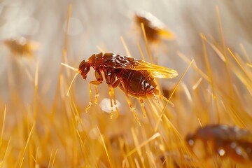 Photorealistic render of a flea on a hair close up.