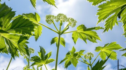 Obraz premium A branch of toxic Giant Hogweed with characteristic leaves against a bright sky illustration