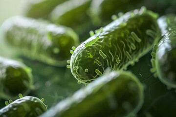 Green bacteria cells, close-up. The bacteria are rod-shaped and have a smooth surface. They are arranged in a random pattern. The background is a blur of green.