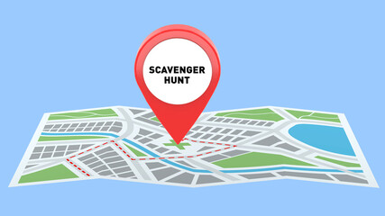  Scavenger Hunt Map 3D Illustration with Red Pin, find hidden clue on Treasure map