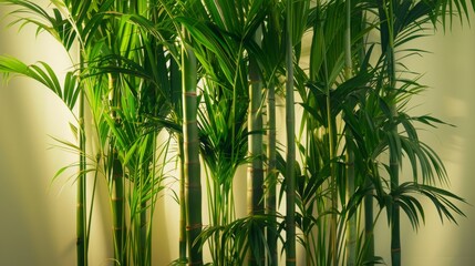 Obraz premium Lush green bamboo stalks against a light background, highlighting the natural beauty and simplicity of indoor plants. Concept of nature, serenity, and interior design. 