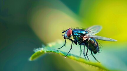 Macro photograph of a housefly on a leaf, highlighting the details of its body and wings. Concept of insects, nature, and macro photography.
