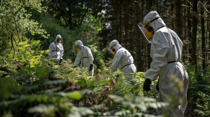 Specialists or workers in protective suits using specialized equipment to combat dangerous Giant Hogweed