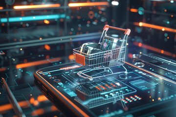 A 3D shopping cart display on a mobile, containing high-tech gadgets, set against a futuristic, tech-inspired background for a modern feel