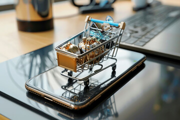 A digital 3D shopping cart on a smartphone, containing luxury fashion items, placed on a stylish, minimalist desk surface