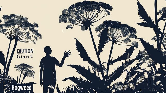 Illustration depicting a black silhouette of a person standing in front of Giant Hogweed